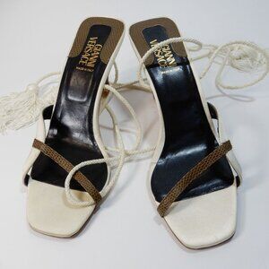 Vintage GIANNI VERSACE Strappy Sandals Size 36 5.5 6 Ivory Brown Heels ITALY 90s